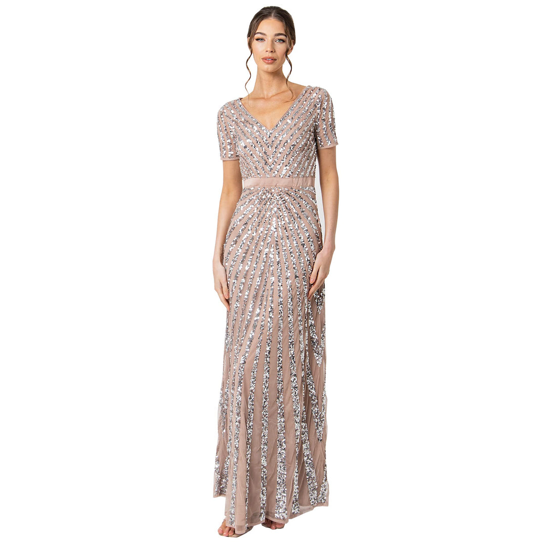 Maya Deluxe Damen Pailletten Maxi Abendkleid Elegant für Hochzeit V-Ausschnitt A-Linien-Schnitt Brau