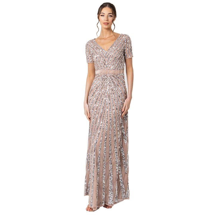Maya Deluxe Damen Pailletten Maxi Abendkleid Elegant für Hochzeit V-Ausschnitt A-Linien-Schnitt Brau
