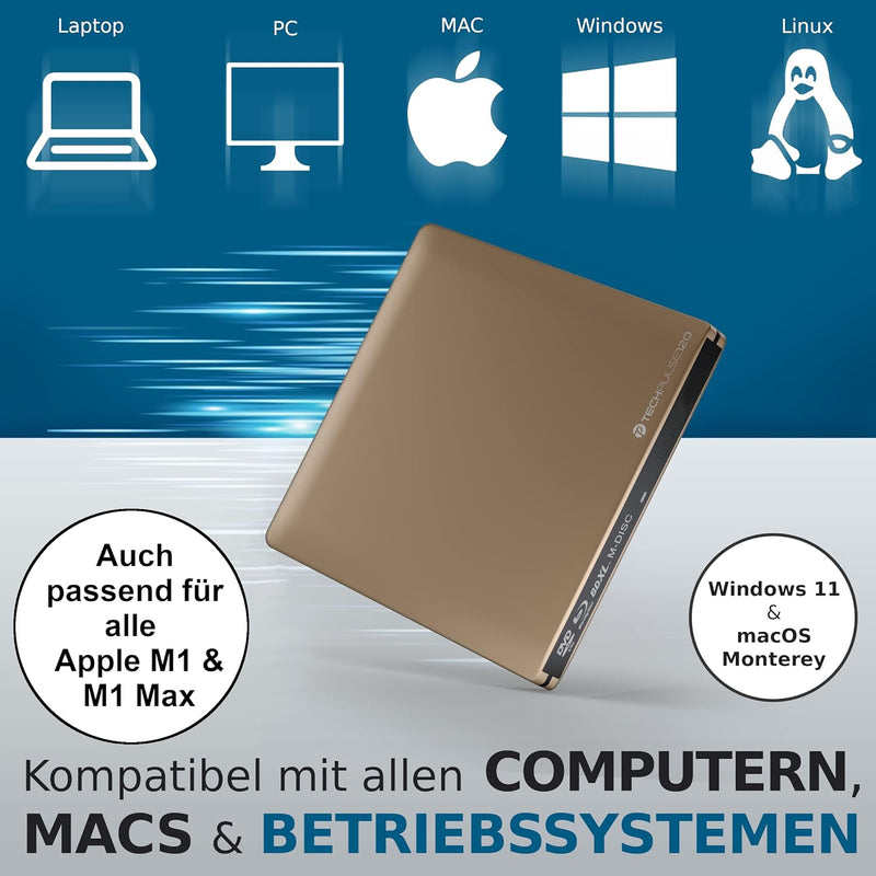 techPulse120 USB 3.0 Typ-C externer Blu-ray Brenner 3D M-Disc BDXL 100GB Burner Superdrive Blueray L