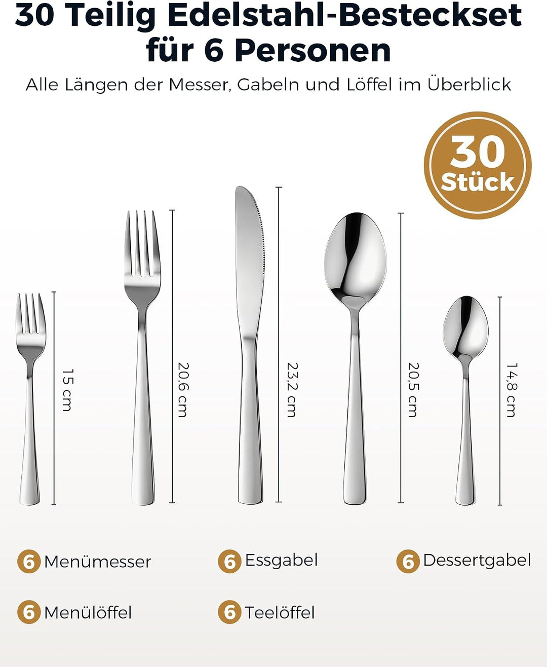 Fire More Edelstahl Besteck Set für 6 Personen, 30-teilig, Spiegelpoliert Silber 30 Teile, Silber 30