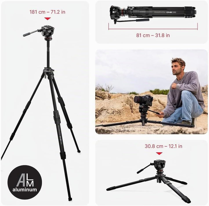 Manfrotto 500X Fluid Videokopf mit ONE Hybrid Aluminium Stativ – Foto &amp; Video Stativ Kit, 5kg Tragla
