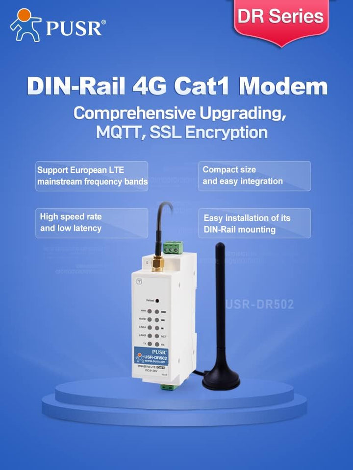 USR-DR502-E Europe HTTP MQTT GSM SMS 4G LTE Cat 1 Modem mit SIM Karte Slot unterstützen IoT Plattfor