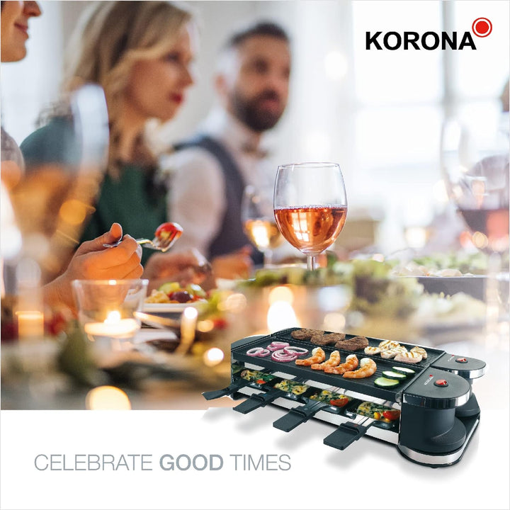 Korona 45072 Klappbares Raclette für 8 Personen | 2-in-1-Raclette mit 8 Pfannen & Spateln | Mit Anti