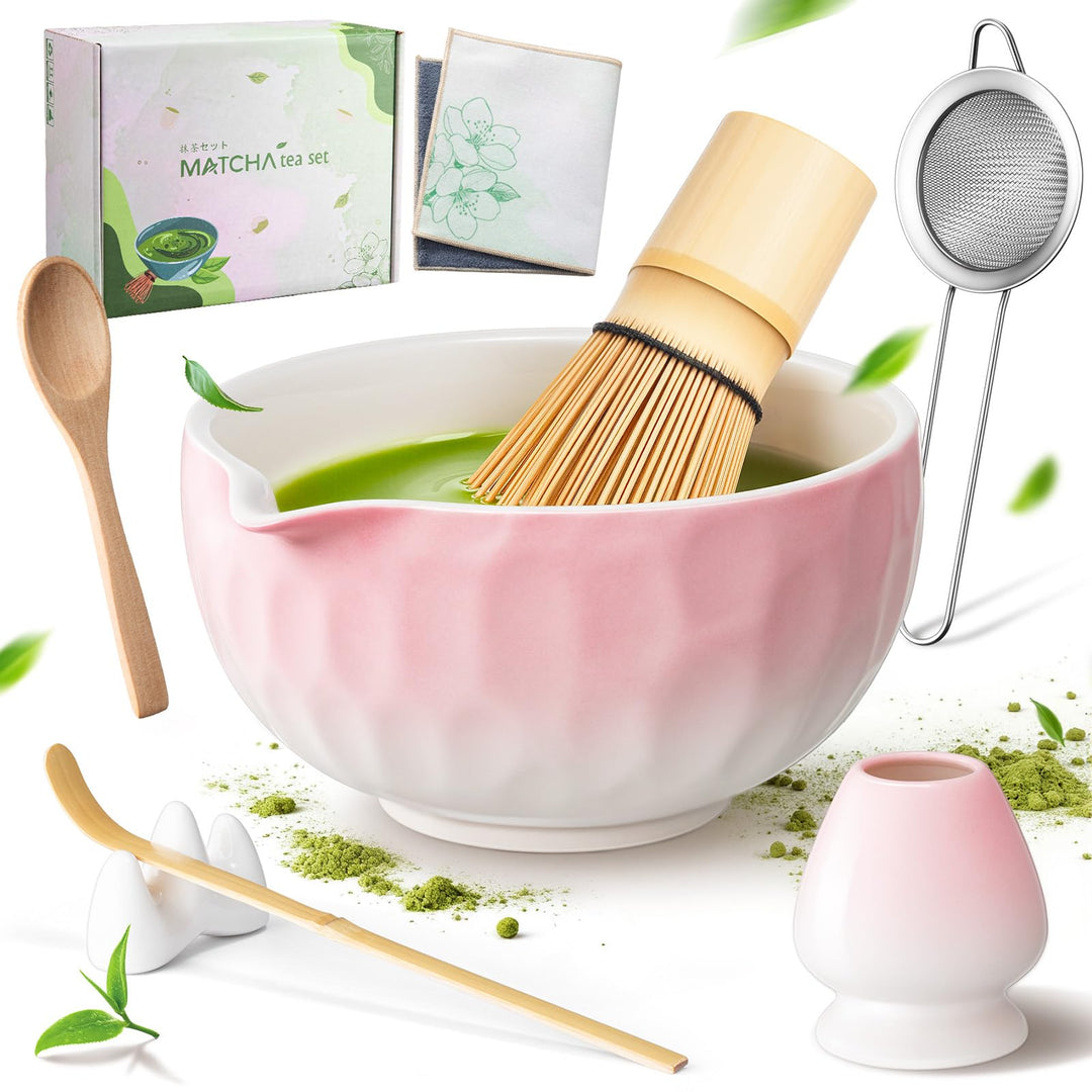 8 Stück Matcha Set Rose mit Besenhalter | Edelstahl-Sieb für klumpenfreien Matcha | Inkl Bambus bese