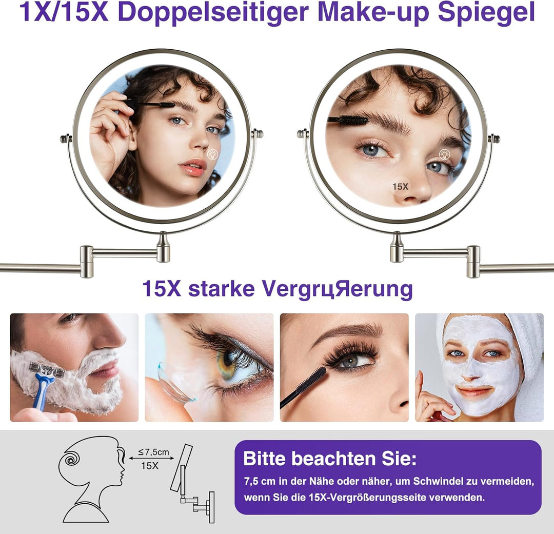 Vergrösserungsspiegel mit Beleuchtung 1x/15x: Zweiseitiger wandmontierter Beleuchteter Schminkspiege