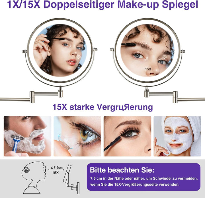 Vergrösserungsspiegel mit Beleuchtung 1x/15x: Zweiseitiger wandmontierter Beleuchteter Schminkspiege