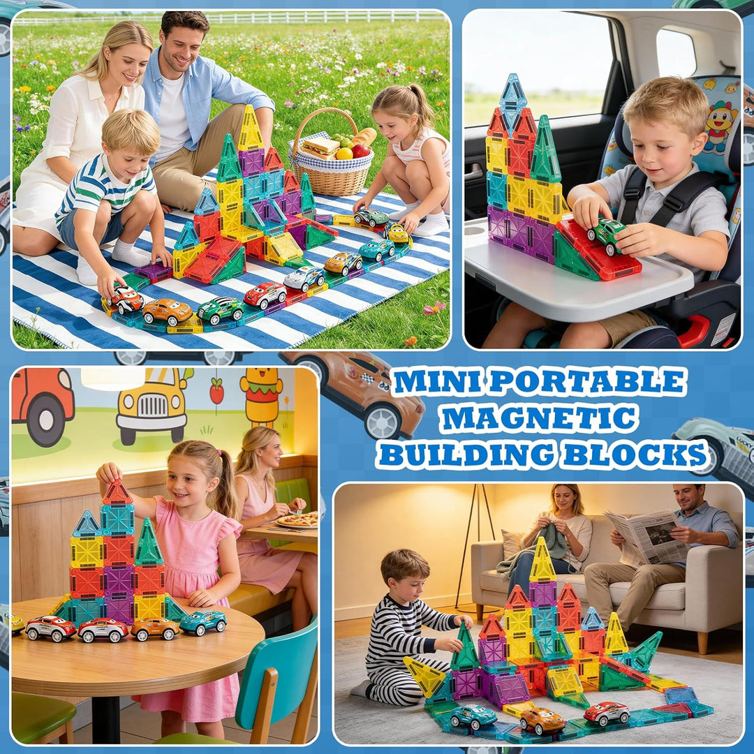 93 PCS Magnetic Tiles Mini Magnetic Building Tiles with Cars, Travel Magnetic Tiles with Storage Bag