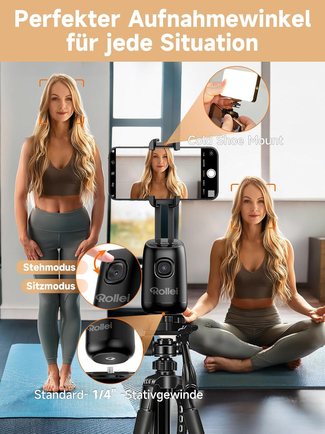 Rollei Easy Creator Desktop mit AI Tracking Automatischer Gesichtsverfolgung Handy Stative 360 Video