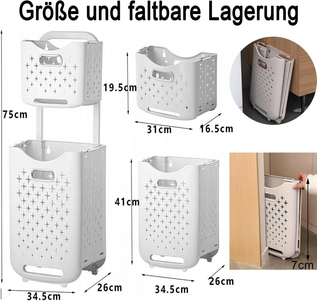 Hooha Faltbarer Wäschekorb Auf Rollen 2 Fächer Wäschekorb Plastik 77 Liter Wäschewagen für Schmutzwä