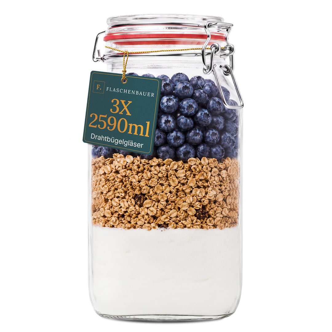 Flaschenbauer- 3 Drahtbügelgläser 2590ml verwendbar als Einmachglas und Fermentierglas, zu Aufbewahr