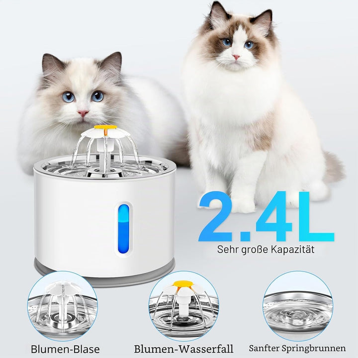 2.4L Katzentrinkbrunnen, Ultraleiser Trinkbrunnen für Haustiere mit LED-Licht - Vierfaches Filtersys