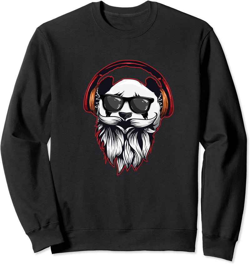 Bärtiger Hipster Panda mit Kopfhörer, Sonnenbrille & Bart Sweatshirt