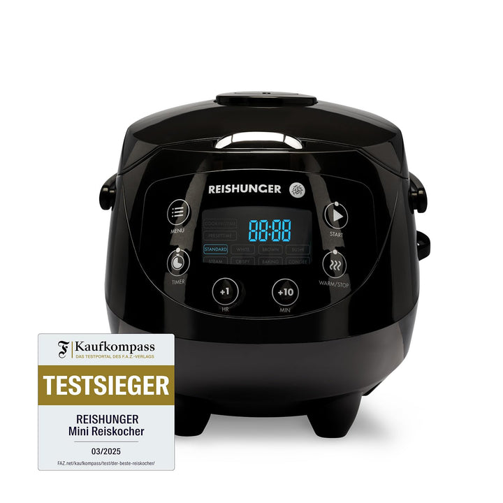 Digitaler Reishunger Mini Reiskocher und Dampfgarer in Schwarz - Warmhaltefunktion, Timer & Premium