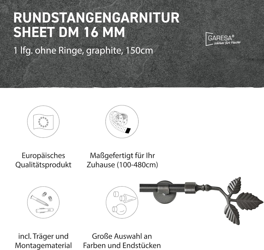 Garesa Gardinenstange Sheet Ø 16mm, 1-läufig, Graphite I Stabile Vorhangstange ohne Ringe I Mit Endk