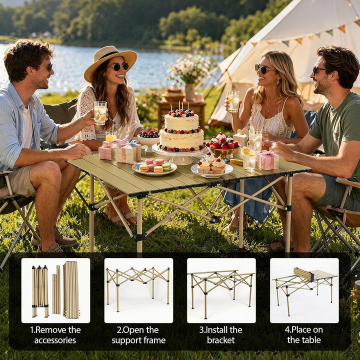 Campingtisch faltbar – Rolltisch mit aufrollbarer Tischplatte, tragbarer Klapptisch aus Stahl inkl.