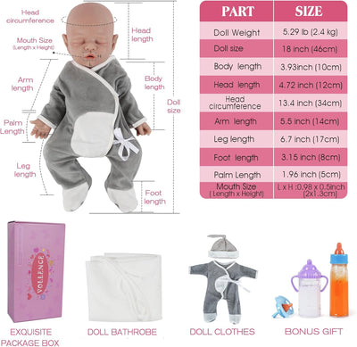 Vollence 46 cm schlafende Ganzkörper Silikon Reborn Babypuppe Junge,VollSilikon Babypuppen, Nicht Vi