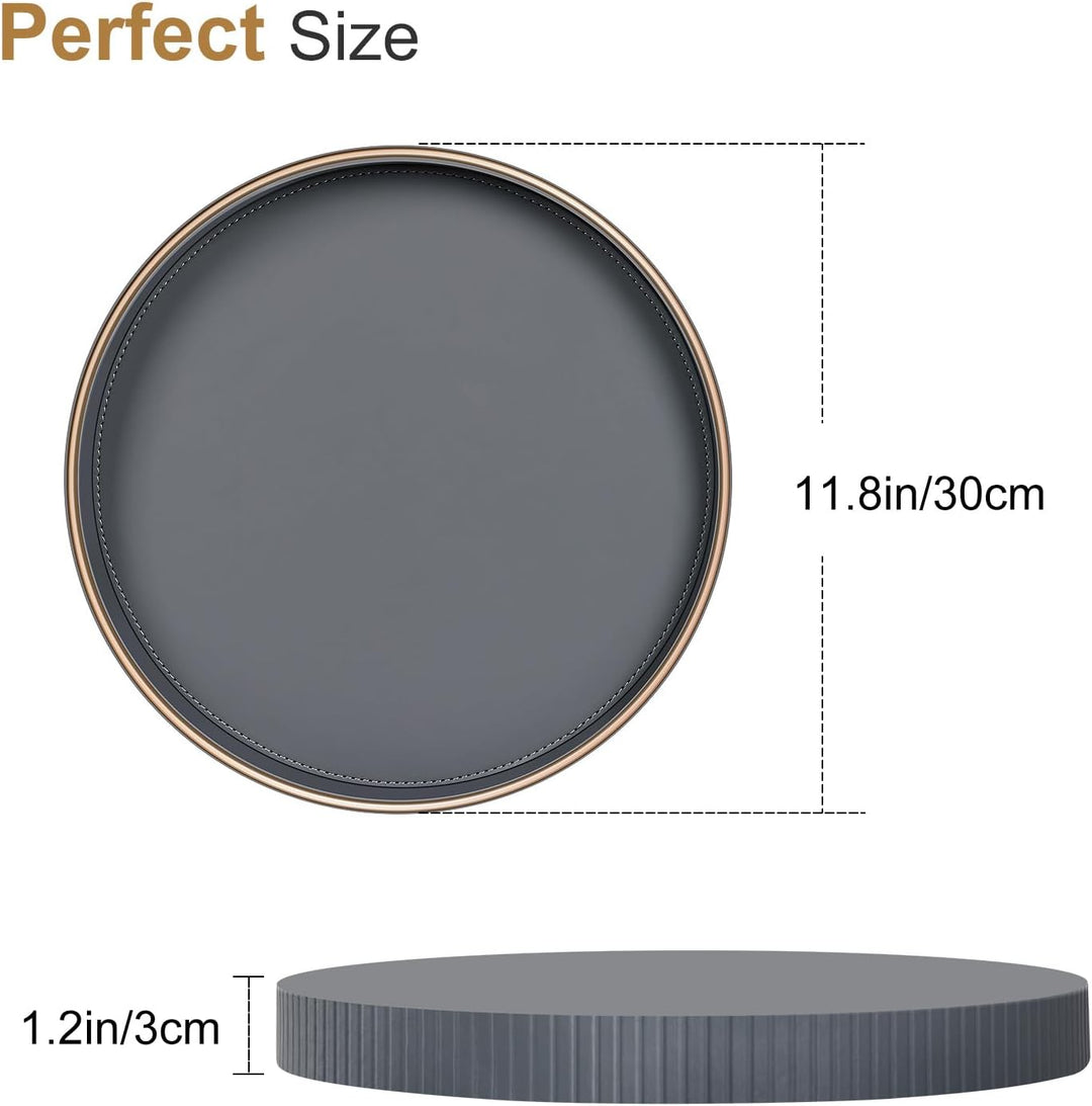 KINGFOM Tablett Serviertablett Gross Deko Tablett Rund Ø 30 cm | PU Leder Dekotablett Valet Tablet f