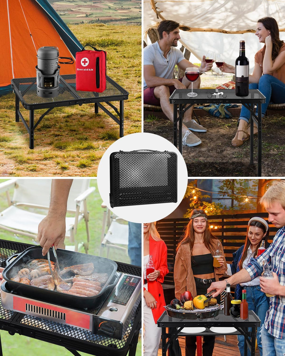 MSDADA Klappbarer Grilltisch, Höhenverstellbarer Aluminiumtisch mit Netz-Desktop und Netztasche, Tra