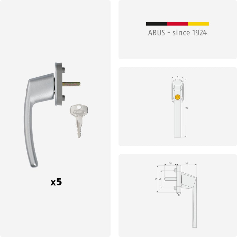 ABUS Abschliessbarer Fenstergriff FG200 AB208 - 5er Set - Fensterknauf mit Druckzylinder, gleichschl