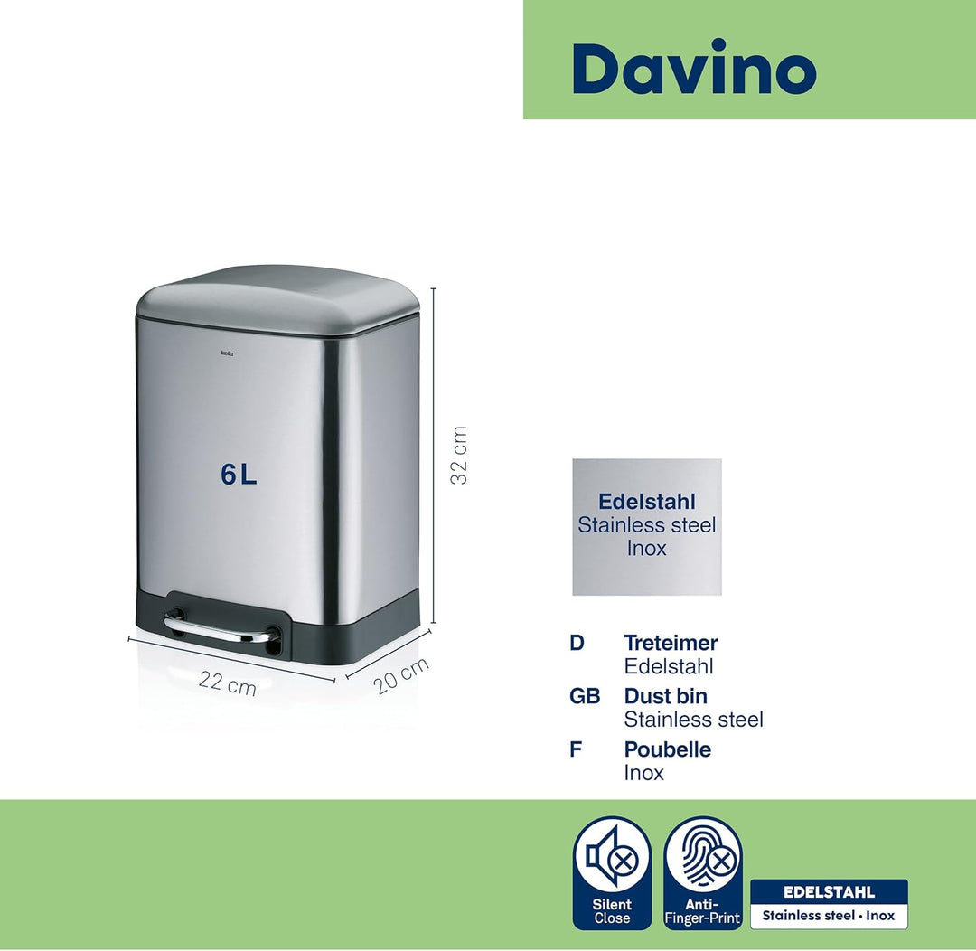 kela Tretmülleimer 6l, Kosmetikeimer mit Silent-Close-Deckel, Absenkautomatik DAVINO, Edelstahl Badm
