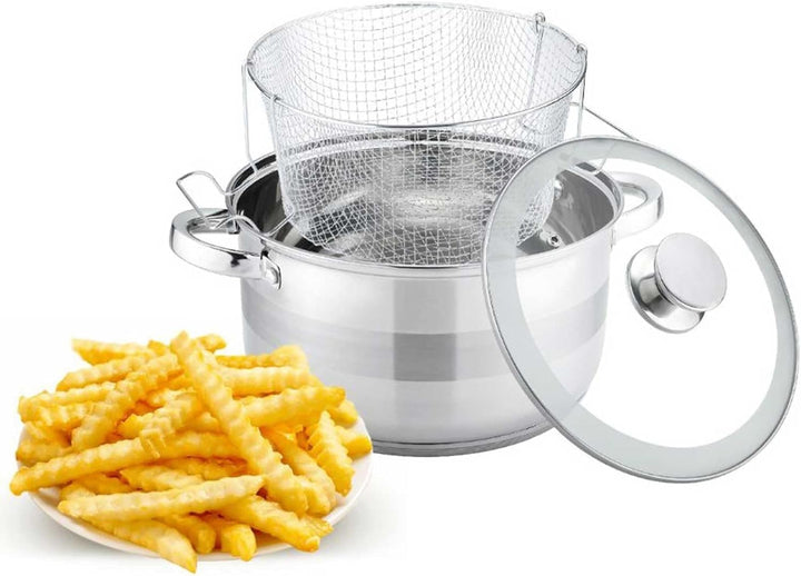 Frittiertopf 6,5 L aus Edelstahl mit Glasdeckel Induktion Korb Fritteuse Ø24 Friteuse Frites Frittie