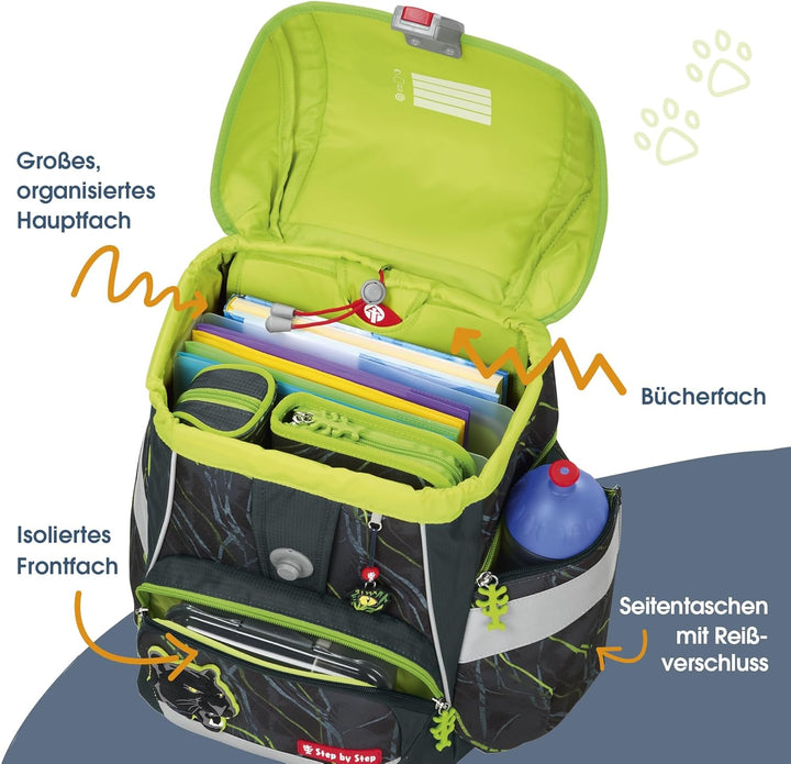 Step by Step Schulranzen-Set 2IN1 PLUS „Danger Cat Chiko“ 6-teilig, grau-grün, Dschungel-Design, erg