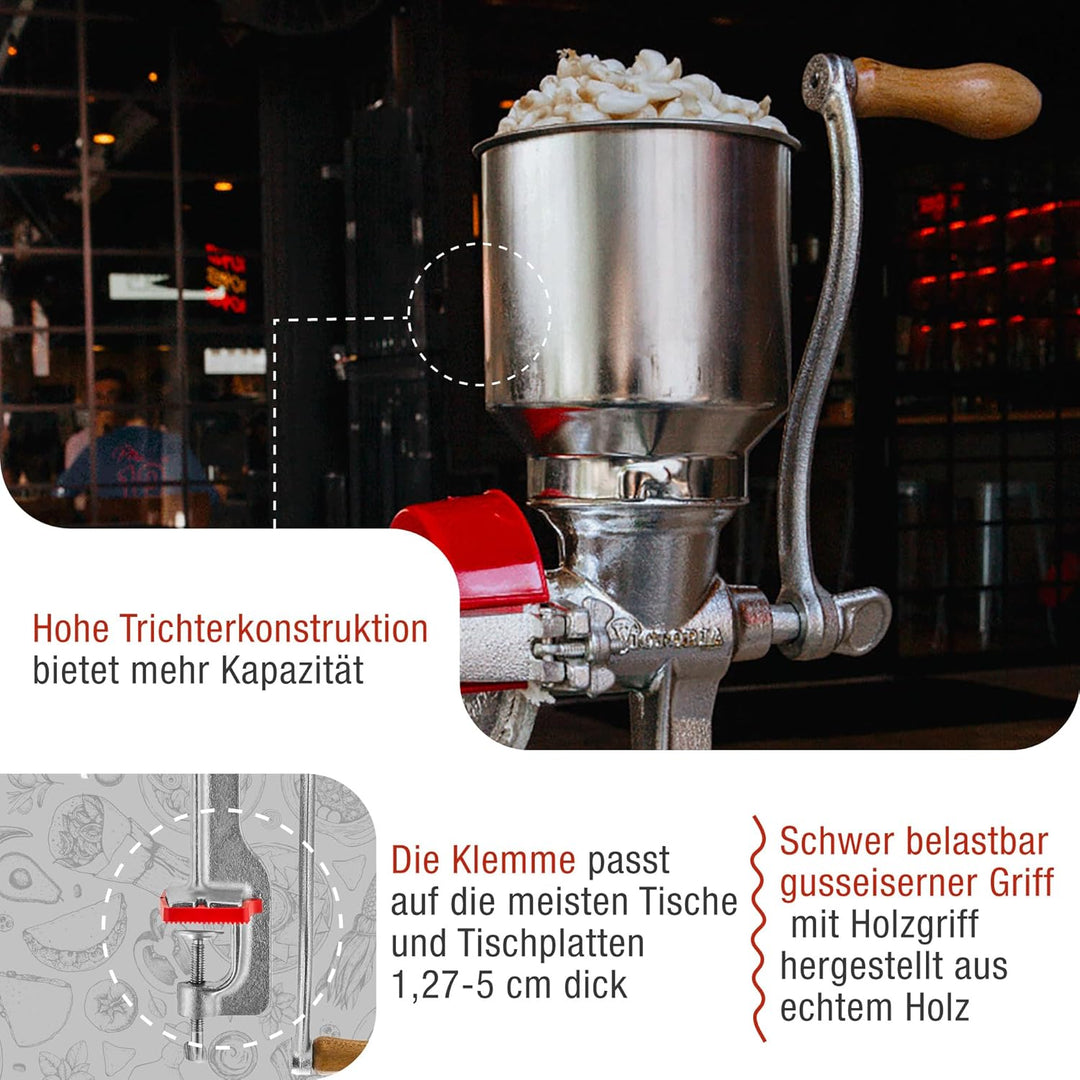PORKERT VICTORIA Manuelle Getreidemühle mit hohem Trichter Maismühle, Malzmühle, Gusseisen, Grau Hig