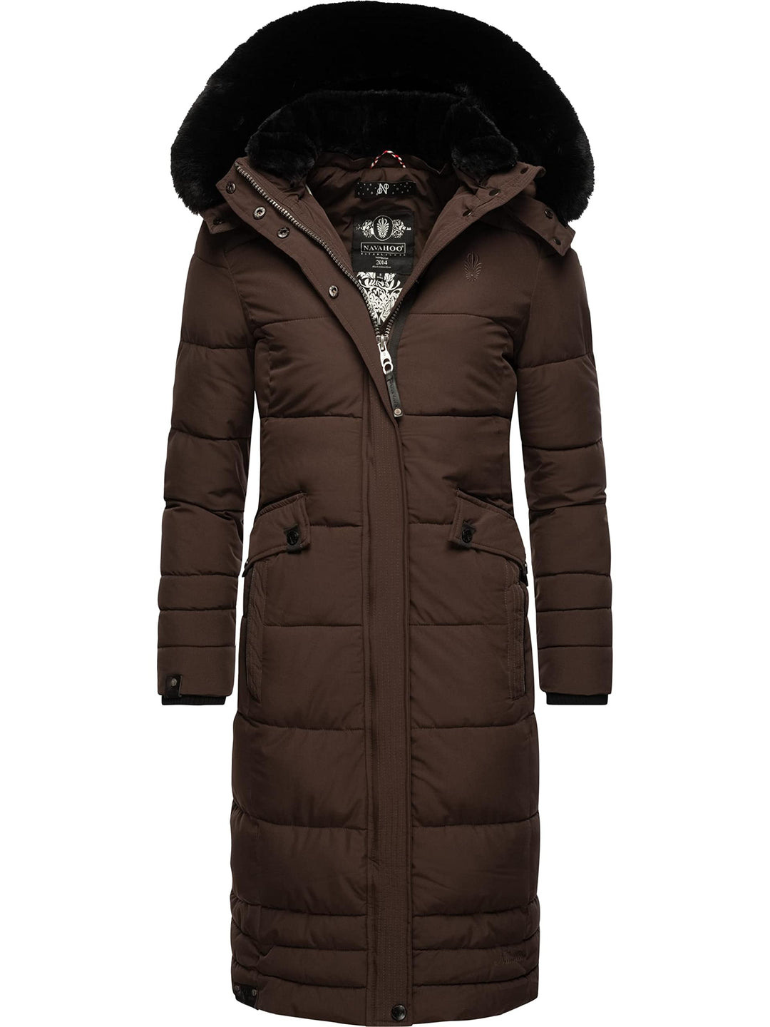 Navahoo Damen Wintermantel Warmer Steppmantel lang mit Abnehmbarer Kapuze Fahmiyaa XS-3XL 3XL Dark C