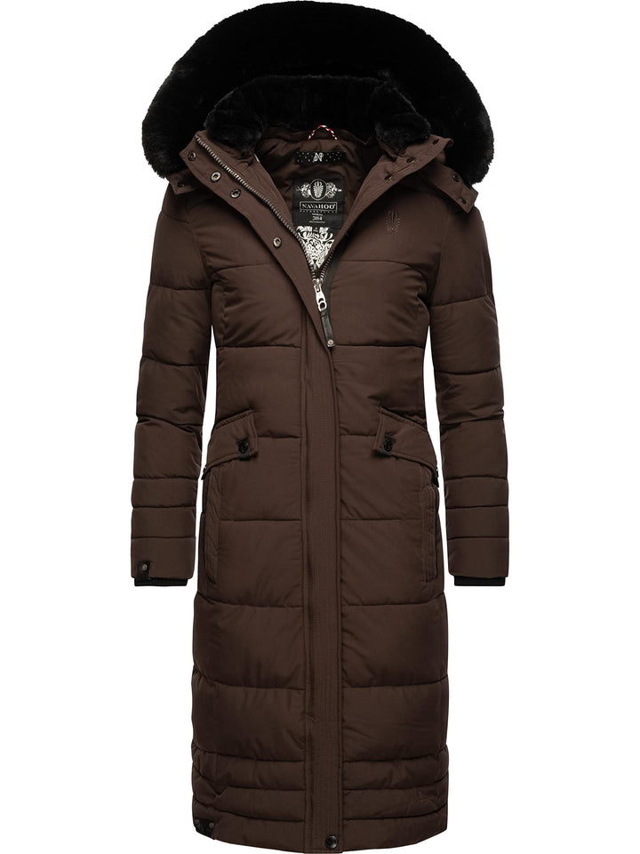 Navahoo Damen Wintermantel Warmer Steppmantel lang mit Abnehmbarer Kapuze Fahmiyaa XS-3XL 3XL Dark C