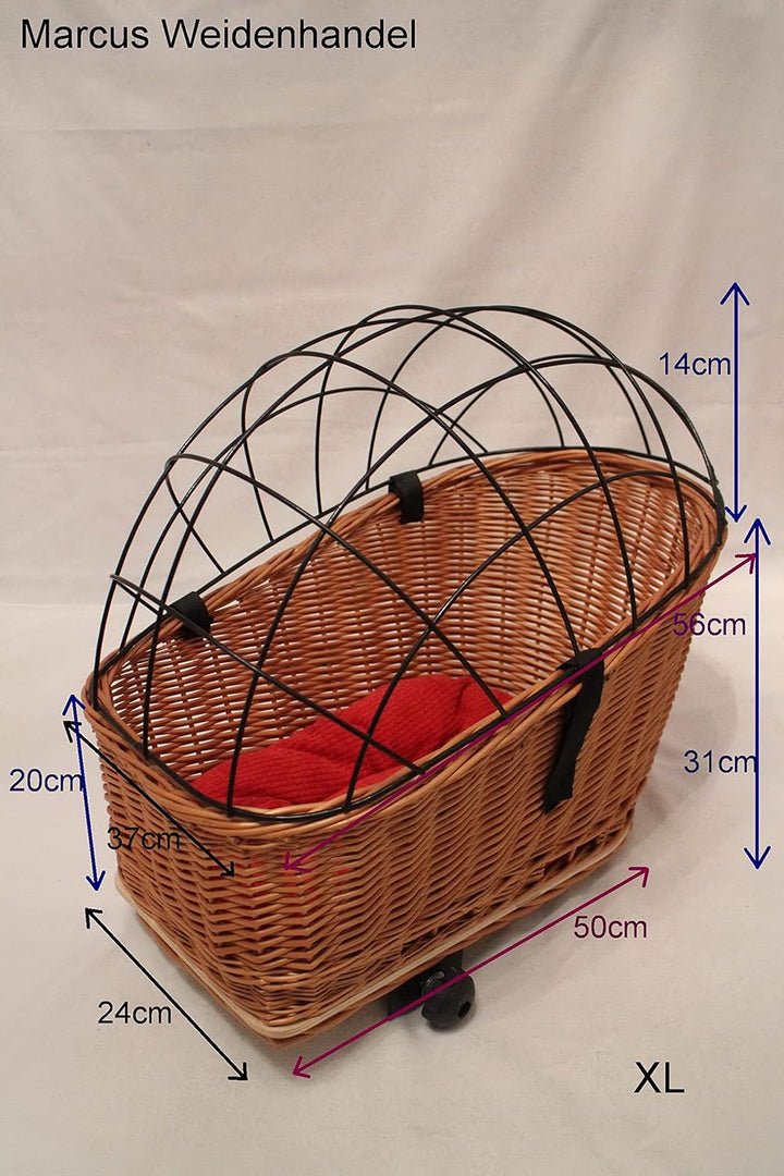 Hundefahrradkorb für Gepäckträger aus Weide mit Metallgitter und Kissen Natur XL oder XXL Gepäckträg