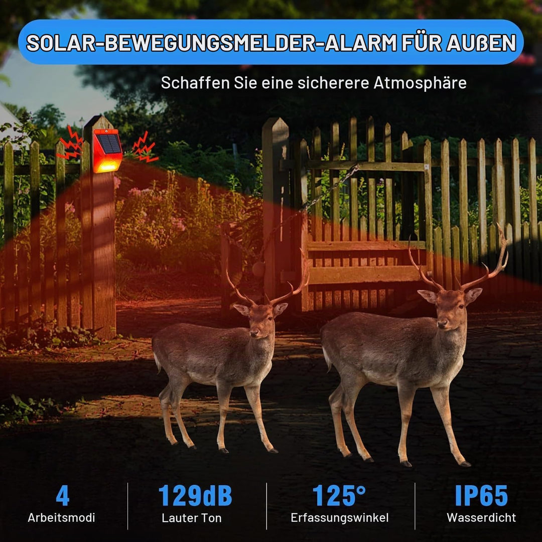 Solar Alarmanlage Blitz Hell mit Fernbedienung Bewegungsmelder Draussen Alarm Hell 129db Ton Sicherh