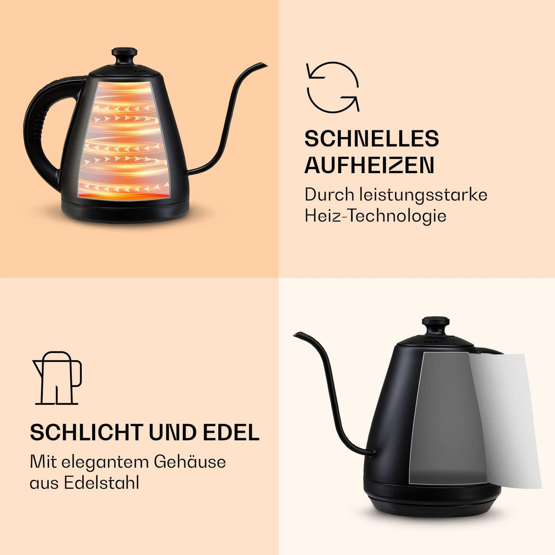 Klarstein Wasserkocher, Schwanenhals-Wasserkocher Edelstahl, Schnell Kochender Kettle, Leise & Tropf