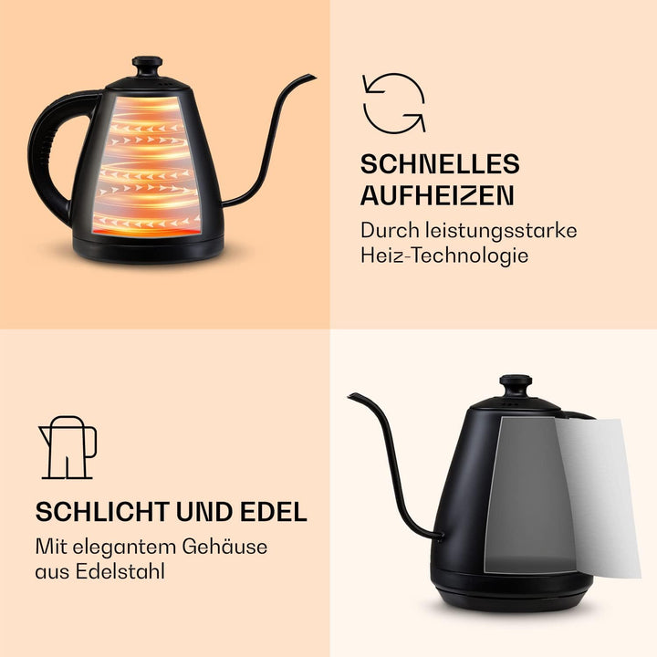 Klarstein Wasserkocher, Schwanenhals-Wasserkocher Edelstahl, Schnell Kochender Kettle, Leise & Tropf