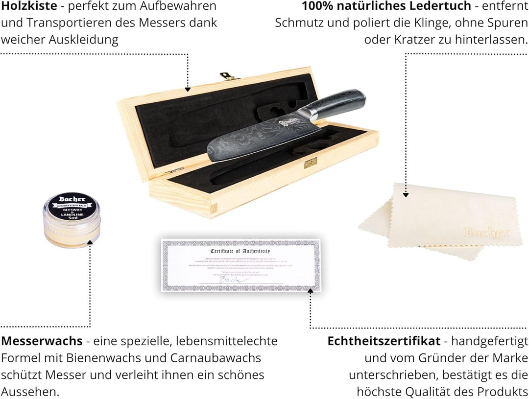 Bacher Santoku Damastmesser 18 cm - Damast Küchenmesser Geschmiedet aus 67 Legen AUS 10V - Profi Sch