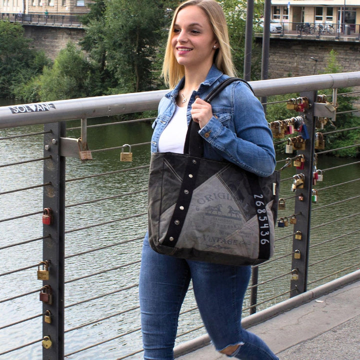 Sunsa Canvas Handtasche. Damen Shopper Tasche in Vintage Stil. Grosse Schultertasche. Schwarz/grau T