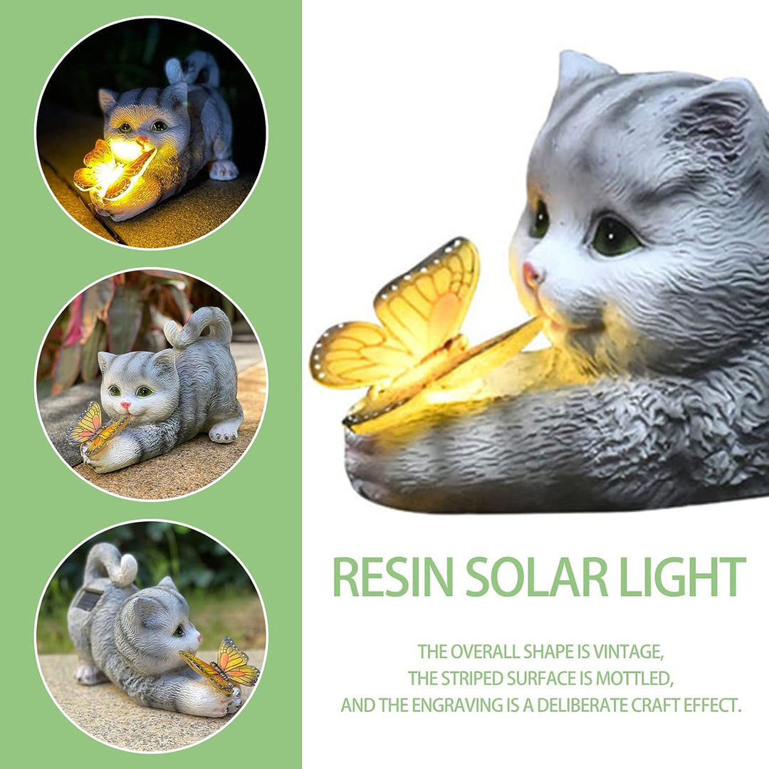 Katzenfigur Garten Deko Katze Gartendeko Schmetterlinge Solarlampen für Aussen Balkon Gartendekorati