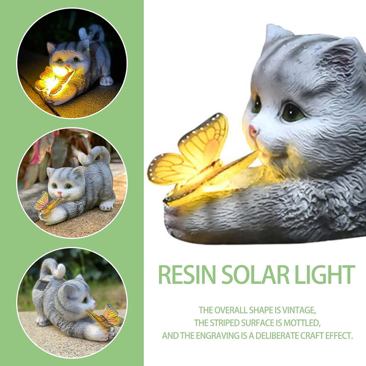 Katzenfigur Garten Deko Katze Gartendeko Schmetterlinge Solarlampen für Aussen Balkon Gartendekorati