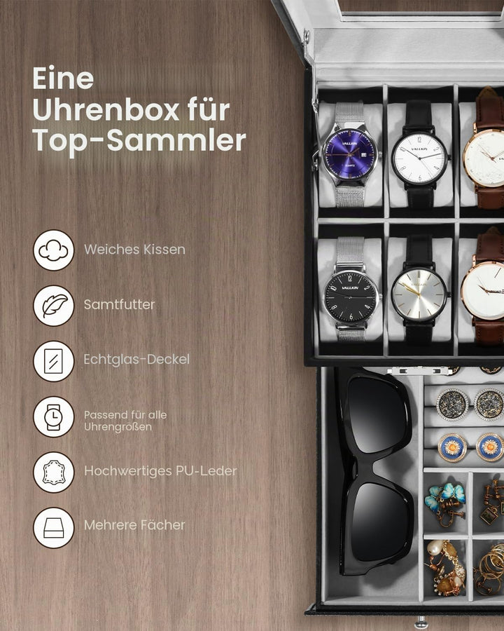 Uten Uhrenbox, 6 Fächern und 1 Schublade mit Schlüsselschloss, Glasdeckel, Schwarzes PU, Graues Samt