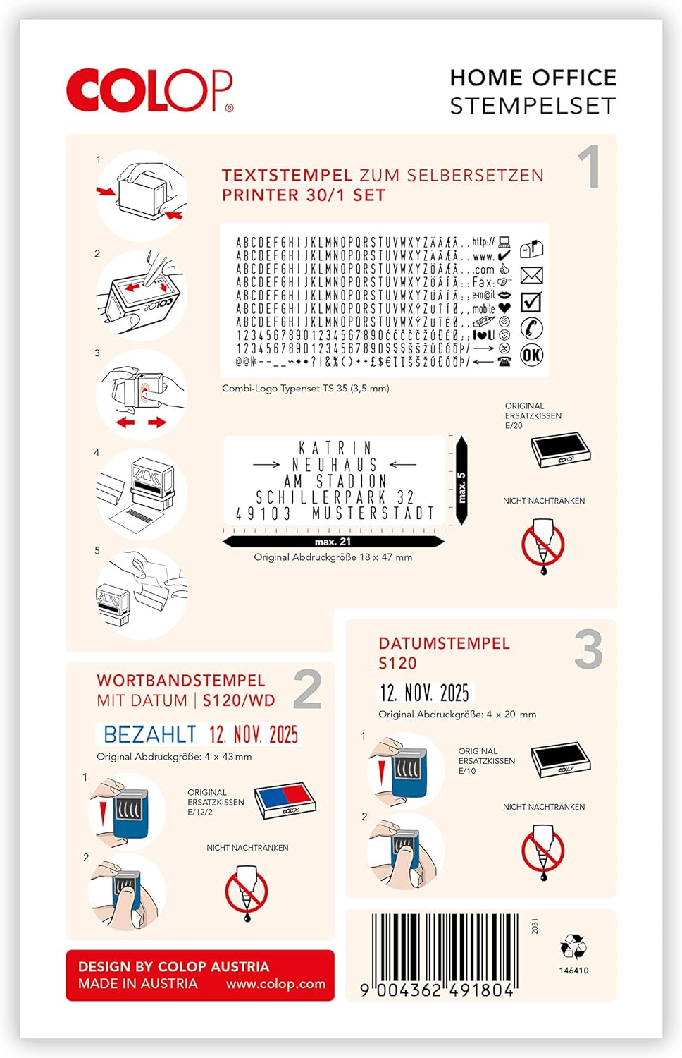 Colop Home Office SET, bestehend aus Printer 30 Set mit Typeneinreihung, Datumstempel S 120 und Wort