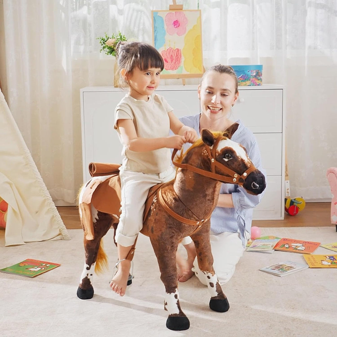 HOMCOM Reitpferd Spielpferd zum Reiten Stehpferd mit Sattel, Sound, Steigbügel Plüschpferd für Kinde