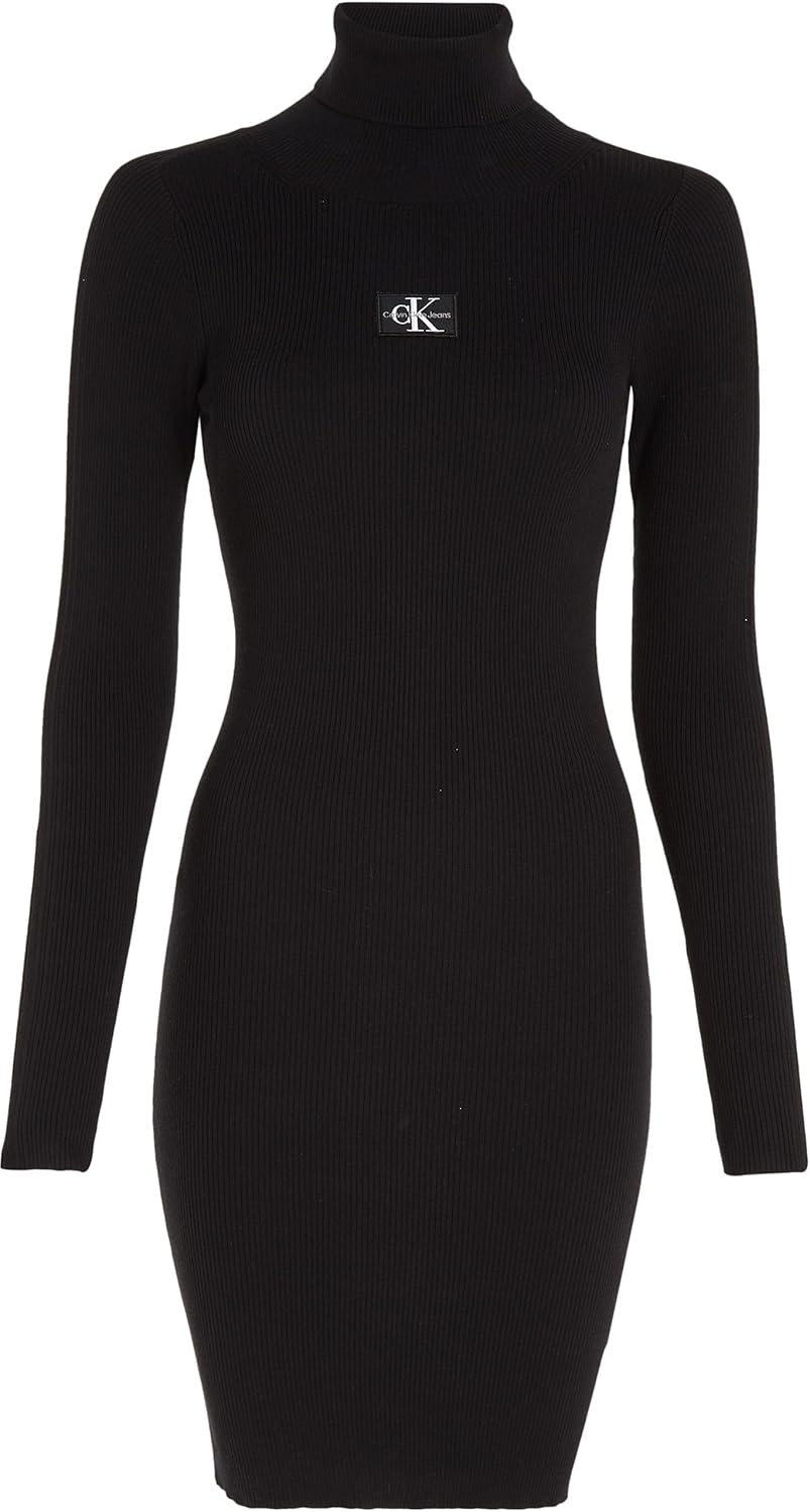 Calvin Klein Damen Badge Roll Neck Sweater Dress J20j221690 Strickkleider (1er Pack) S Schwarz (Ck B