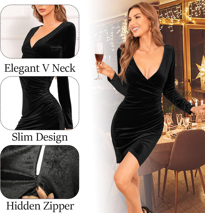 CheChury Damen Winterkleid Festlich Kleid Samtkleid Lange Ärmel Wickelkleid Bodycon Kurzes V Ausschn