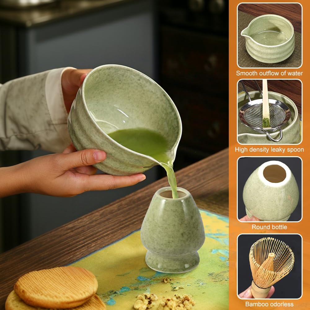 Matcha Set Grün,Macha Tea Set mit MatchaSchale Löffel Sieb Whisk Besen und Matcha Besen Halter,Cerem