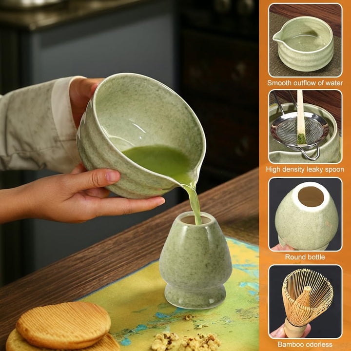 Matcha Set Grün,Macha Tea Set mit MatchaSchale Löffel Sieb Whisk Besen und Matcha Besen Halter,Cerem