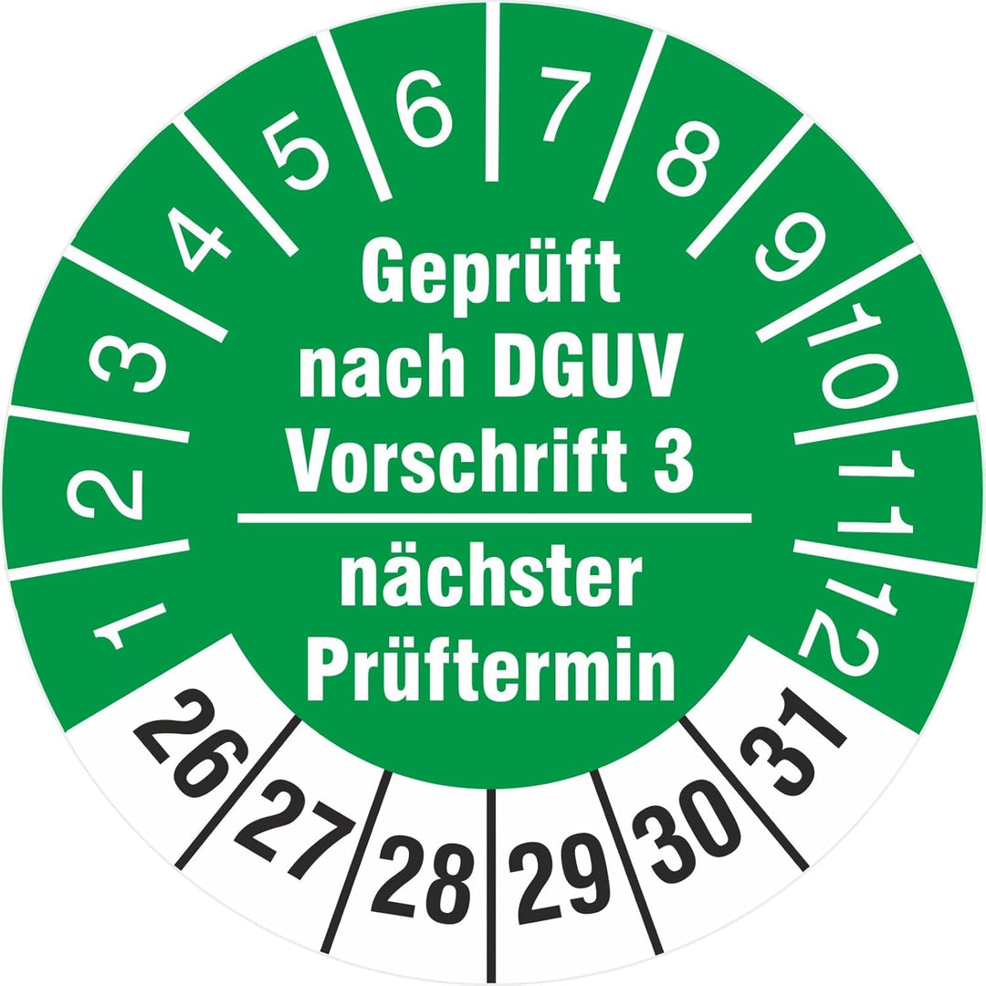 1000 Stück nächster Prüftermin geprüft nach DGUV Vorschrift 3 Prüfetiketten Prüfplaketten 18 mm rund