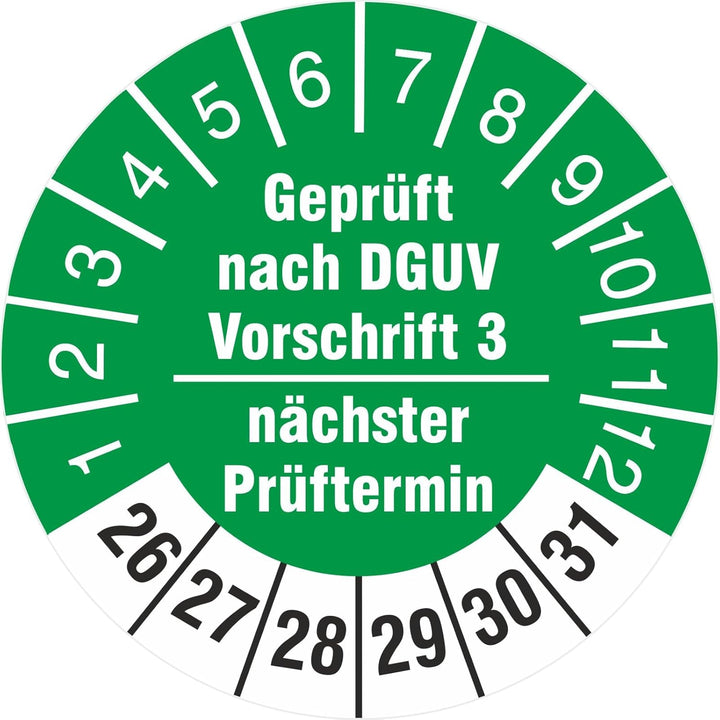 1000 Stück nächster Prüftermin geprüft nach DGUV Vorschrift 3 Prüfetiketten Prüfplaketten 18 mm rund