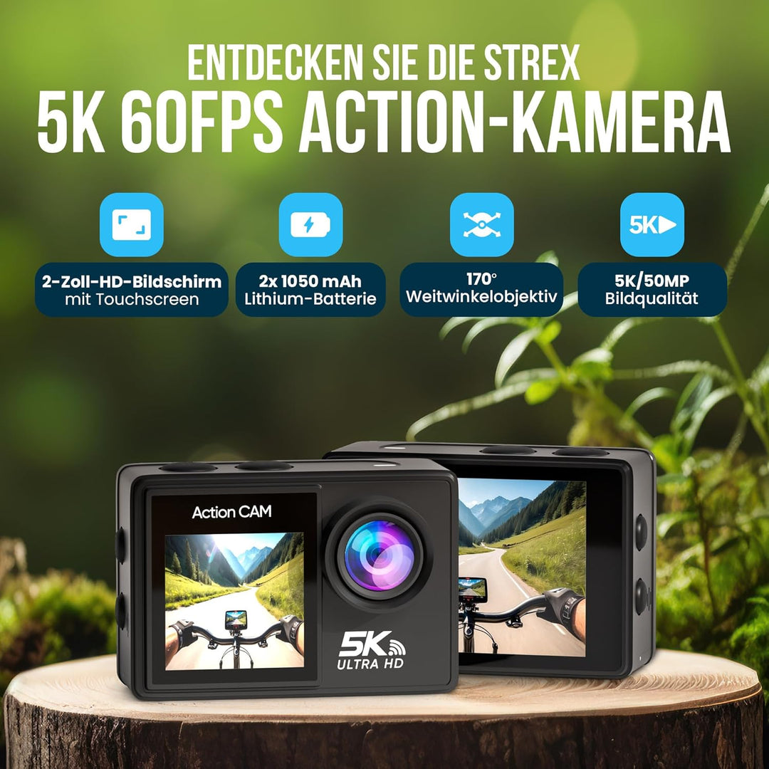 Strex Action Cam 5K 50MP - 60FPS / 30M Wasserdicht/WiFi - Touchscreen – Externes Mikrofon - Inklusiv