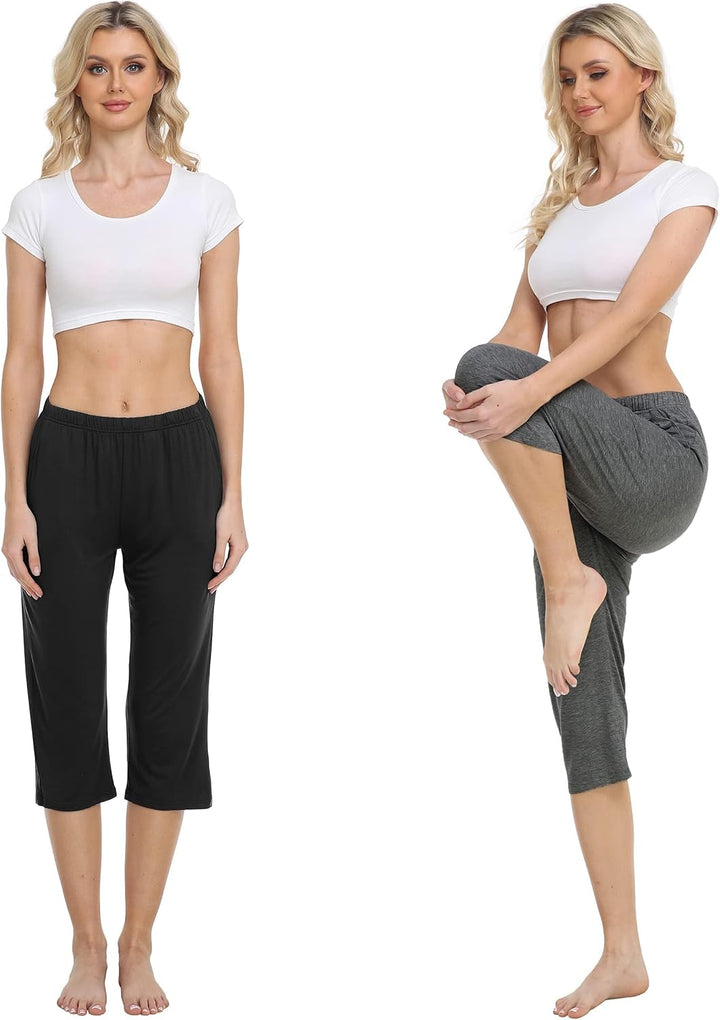 MoFiz Damen Schlafanzughose 3/4 Lang Schlafhose Modal Nachtwäsche Weich Pyjamahose Freizeithose mit
