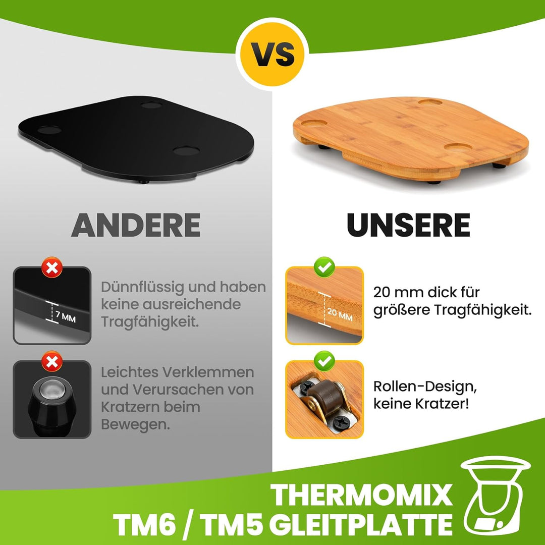 Bambus Gleitbrett für Thermomix TM6 TM5 | Natürliches Bambusmaterial | Mit Rollen für müheloses Vers