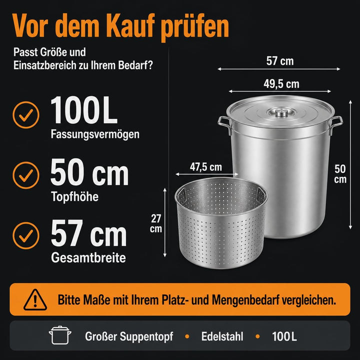 100L Suppentopf mit Deckel und Siebkorb, Edelstahl Kochtopf Induktion Kompatibel, Grosser Gewerbetop